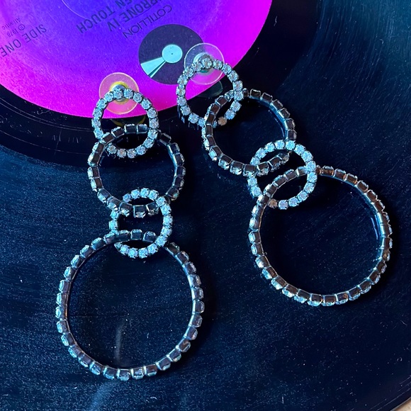 Vintage dynamic multi hoop crystal embellished earrings, 3” drop - Picture 1 of 2
